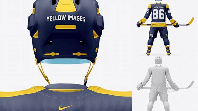 3134+ Men’s Full Ice Hockey Kit with Stick PSD Mockup Back View Fully Layered PSD Freebie