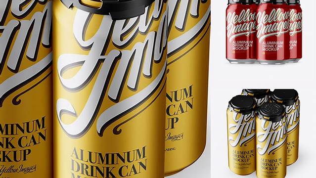 317+ Pack with 4 Metallic Aluminium Cans with Plastic Holder PSD Mockup Half Side View High-End Professional PSD Resources