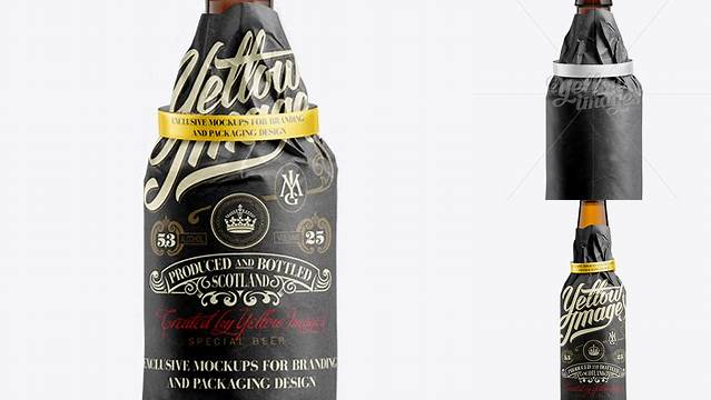 3182+ 33cl Steinie Amber Bottle Wrapped in Black Paper with Ribbon PSD Mockup Creative Digital PSD Download