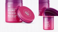 3200+ 100ml Round Tin Box with Glossy Finish PSD Mockup Front View Fully Layered Photoshop Freebie