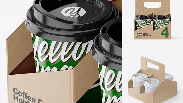 3207+ Kraft Coffee Cup Holder with Glossy Cups PSD Mockup Front View High-End Creative PSD Template