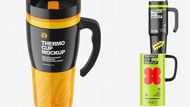 3209+ Glossy Thermo Cup PSD Mockup High-Angle Shot Layered Photoshop Template