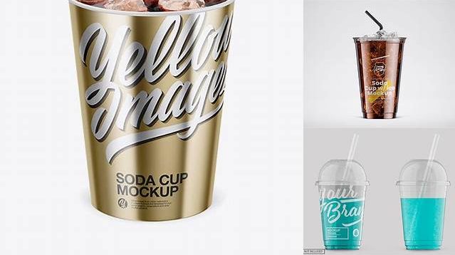 3210+ Metallic Soda Cup With Ice PSD Mockup Front View High-Angle Shot Premium Mockup Freebie