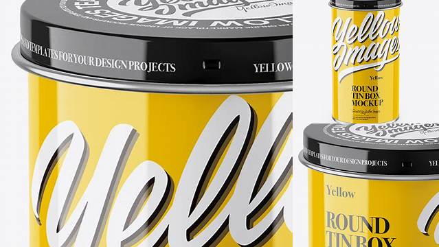 3213+ Glossy Tin Can Box PSD Mockup Front View High Angle Shot Exclusive Free Photoshop Asset