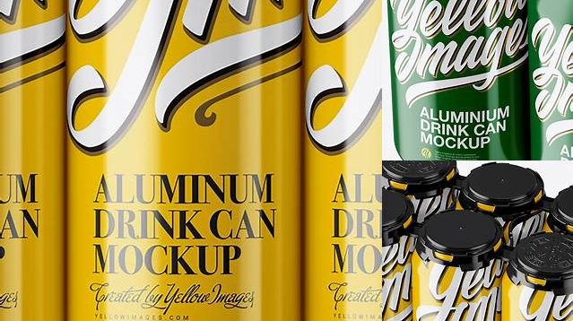 3222+ Pack with 6 Glossy Aluminium Cans with Plastic Holder Half Side View Editable Photoshop Free Mockup