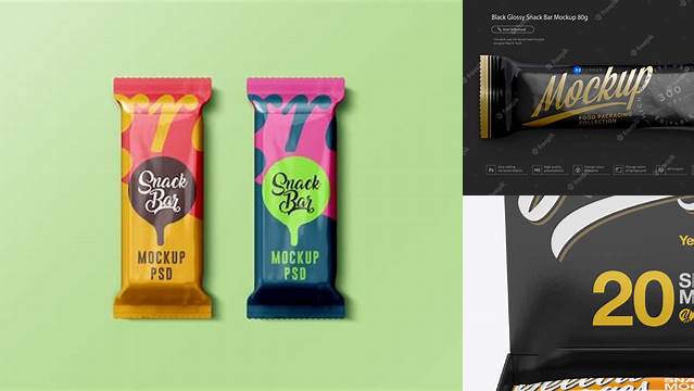 3235+ 20 Glossy Snack Bars Box PSD Mockup Front View High-Angle Shot Free Mockup Templates