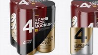 3242+ 4 Matte Metallic Cans in Shrink Wrap PSD Mockup Half Side View High Angle Shot Editable Photoshop Free Mockup