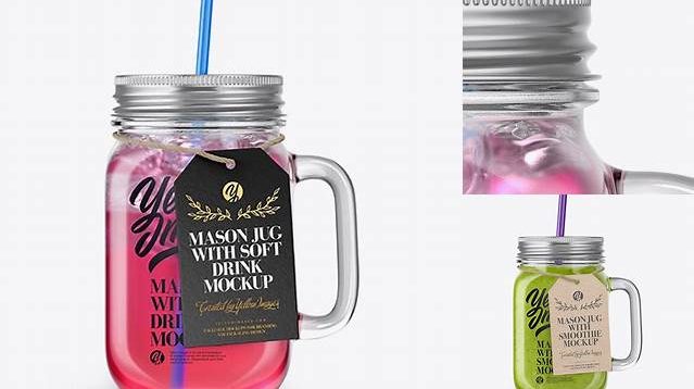 3288+ Closed Mason Jug with Straw and Label PSD Mockup Fruit Drink Front View Custom Mockup PSD for Free