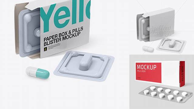 3309+ Open Pills Box With Glossy Blister PSD Mockup Half Side View Fully Customizable Mockup PSD Free