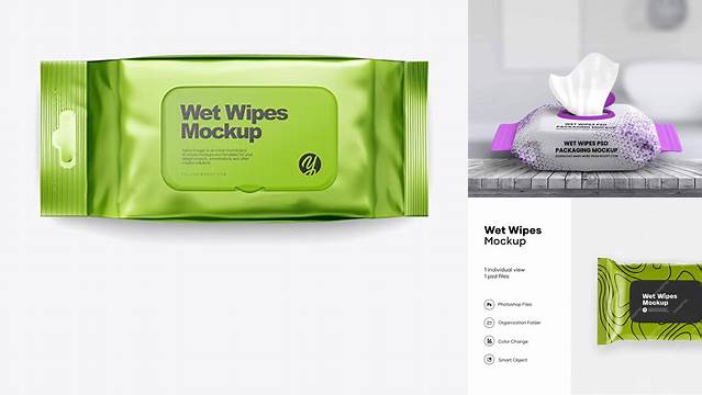 3316+ Metallic Wet Wipe Pack PSD Mockup Top View Downloadable PSD Design Template