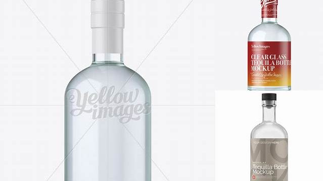 3326+ Blue Glass Oslo Plate Tequila Bottle with Shrink Band PSD Mockup Easy Editable