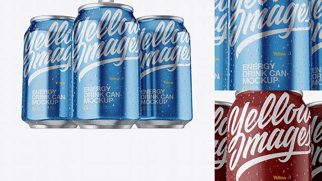 3327+ Three 330ml Metallic Aluminium Cans with Condensation PSD Mockup Hero Shot Free Photoshop Mockup Design