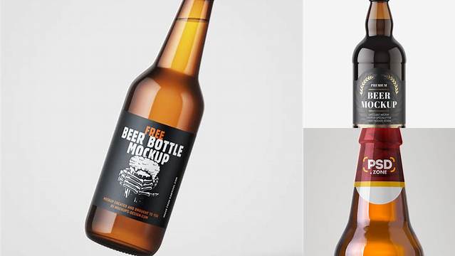 3340+ 250ml Amber Glass Bottle with Dark Beer PSD Mockup Fully Customizable Mockup PSD Free