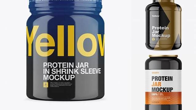 3347+ Protein Jar In Glossy Shrink Sleeve PSD Mockup Professional PSD Mockup