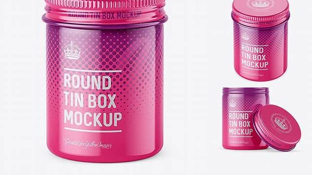 3354+ 100ml Round Tin Box with Glossy Finish PSD Mockup High-Angle Shot Creative Design PSD Free Download