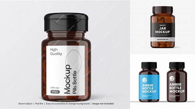 3383+ Amber Pill Bottle with Glossy Label PSD Mockup Front View Photoshop PSD Free for Designers