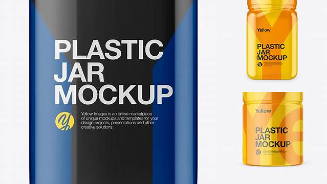 3390+ Plastic Jar in Glossy Shrink Sleeve PSD Mockup Front View Exclusive Free Photoshop Mockup