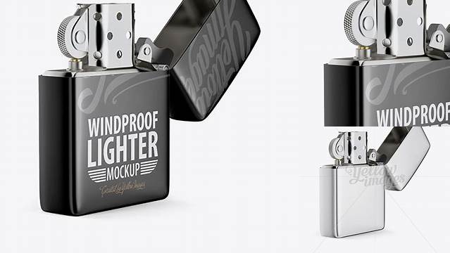 3413+ Opened Metallic Lighter PSD Mockup Halfside View High-Angle Shot Advanced Photoshop Template