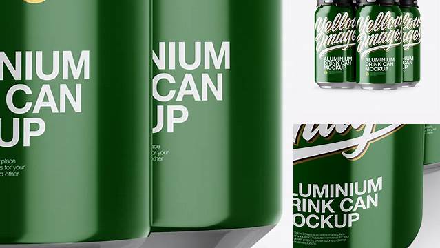 3415+ Pack with 4 Glossy Aluminium Cans with Plastic Holder PSD Mockup Half Side View High-Angle Shot Free Downloadable PSD