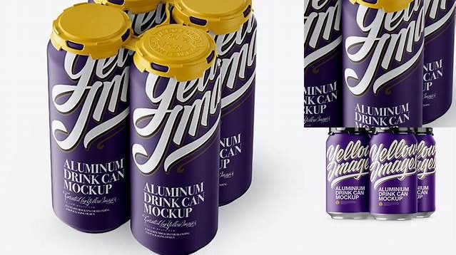 3426+ Pack with 4 Matte Aluminium Cans with Plastic Holder PSD Mockup Half Side View High-Angle Shot Elegant Photoshop Mockup