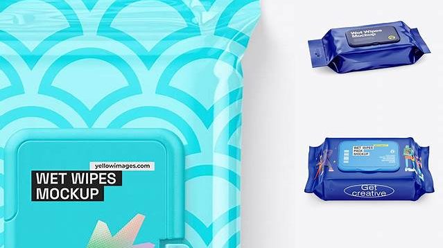 3434+ Glossy Wet Wipes Pack with Plastic Cap PSD Mockup Half SIde View High Angle Shot Fully Layered Photoshop Freebie