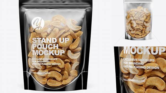 3436+ Glossy Transparent Stand-Up Pouch with Cashew Nuts PSD Mockup Front View Free Creative Design