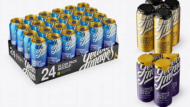 3444+ Transparent Pack with 24 Aluminium Cans PSD Mockup Halfside View High-Angle Shot Custom Graphic Resource Free Download