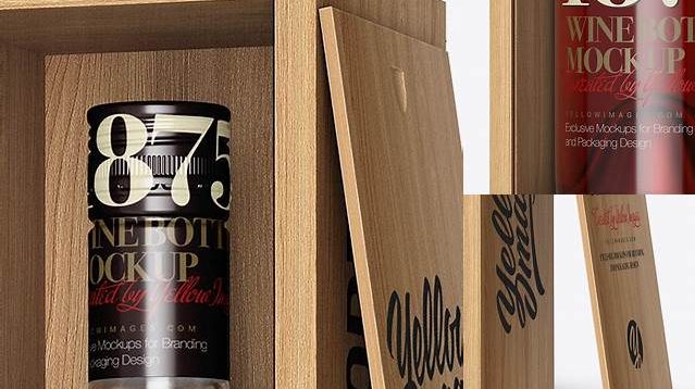 3484+ Clear Glass Wine Bottle In Open Wooden Box PSD Mockup Half Side View Fully Editable PSD Template