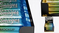 3502+ 16 Snack Bars Metallic Display Box PSD Mockup Half Side View High-Angle Shot PSD Free Download