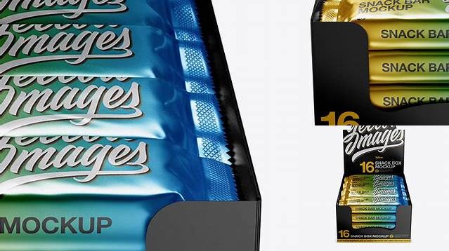 3502+ 16 Snack Bars Metallic Display Box PSD Mockup Half Side View High-Angle Shot PSD Free Download