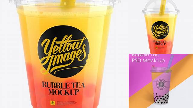 3502+ Orange Bubble Tea Cup PSD Mockup High-Angle View Versatile and Modern PSD Mockup