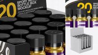 3520+ 20 Metallic Sport Nutrition Bottles Display Box PSD Mockup Front View Fully Customizable Photoshop Freebie