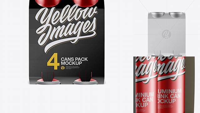 3521+ Carton Carrier with 4 Metallic Cans PSD Mockup Front View Creative Free Photoshop Template