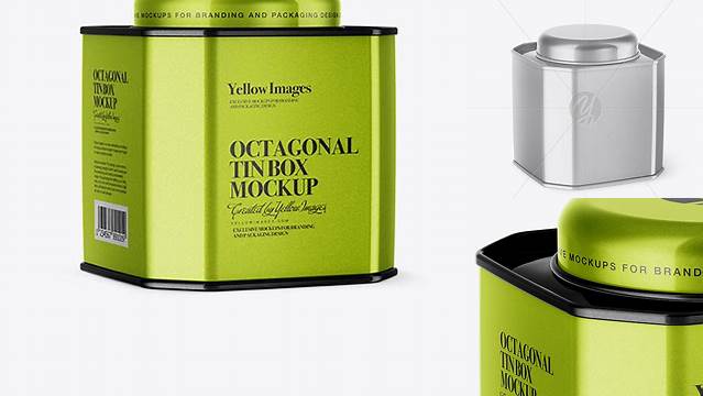 3530+ Metallic Octagonal Tin Box PSD Mockup Half Side View High-Angle Shot Elegant High-Resolution Design File