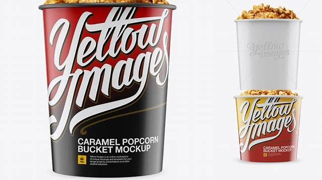 3541+ Glossy Bucket with Caramel Popcorn PSD Mockup Front View Customizable Design Files