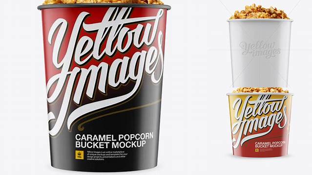 3541+ Glossy Bucket with Caramel Popcorn PSD Mockup Front View Customizable Design Files