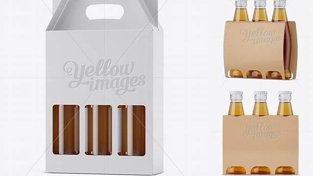 3546+ White Paper 3 Pack Beer Bottle Carrier PSD Mockup Halfside View Editable Mockup PSD