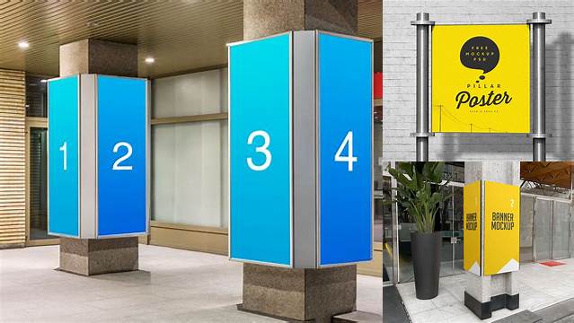 3548+ Advertising Poster Pillar with Matte Poster PSD Mockup Half Side View Advanced Free Graphic Template