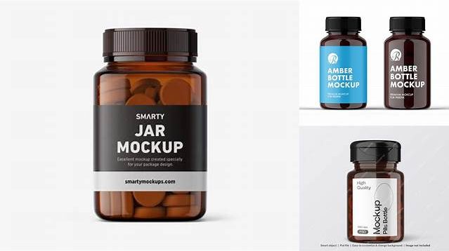 3557+ Amber Pill Bottle with Paper Label PSD Mockup Front View Editable Photoshop Free Mockup