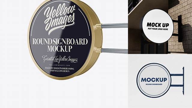 3623+ Round Signboard with Metallic Trim PSD Mockup Half Side View Elegant Free Template