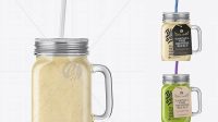 3641+ Closed Mason Jug with Straw and Label PSD Mockup Banana Smoothie Elegant Photoshop Mockup