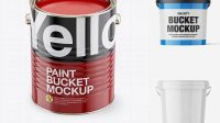 3647+ Opened Paint Bucket with Glossy Label PSD Mockup Front View High Angle Shot Smart Editable Design Mockup