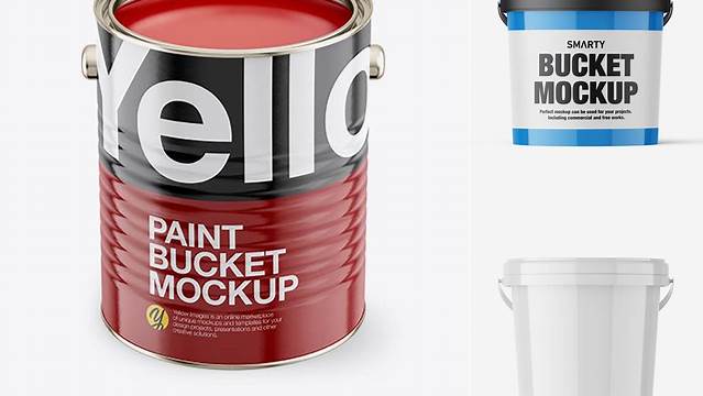 3647+ Opened Paint Bucket with Glossy Label PSD Mockup Front View High Angle Shot Smart Editable Design Mockup