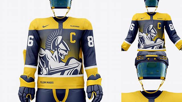 3661+ Men’s Full Ice Hockey Kit with Visor PSD Mockup Front View Modern Free PSD Template