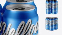 3661+ Pack with 4 Matte Metallic Cans with Plastic Holder PSD Mockup Half Side View High-Angle Shot Custom Mockup PSD for Free