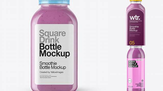 3669+ Square Blueberry Smoothie Bottle PSD Mockup Front View Layered Photoshop Template