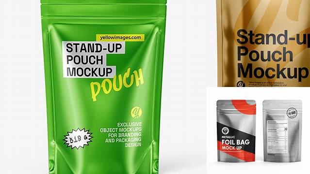 3677+ Metallic Stand-Up Pouch with Zipper PSD Mockup Front View Custom Graphic Resource Free Download