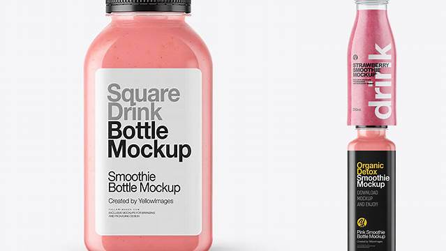 3683+ Square Strawberry Smoothie Bottle PSD Mockup Fully Customizable Photoshop Freebie