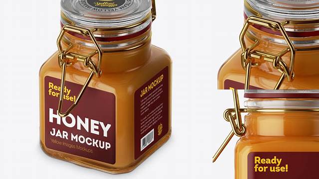 3708+ 100ml Glass Raw Honey Jar with Clamp Lid PSD Mockup Halfside View High-Angle Shot Customizable PSD Templates