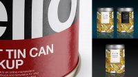 3708+ Tin Can with Glossy Label PSD Mockup Front View High Angle Shot Advanced Free Graphic Template